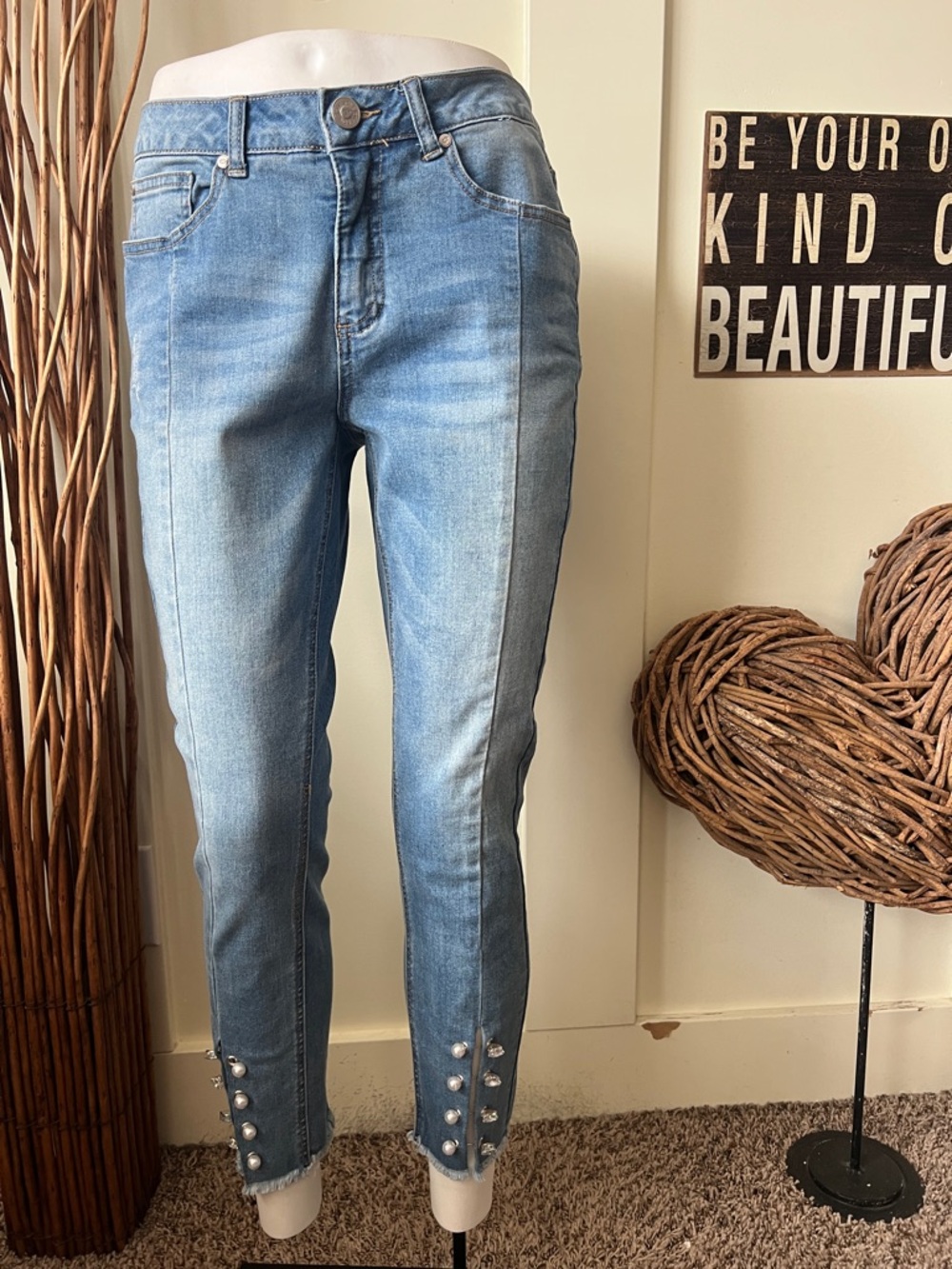 one 5 one Light Blue Cropped Jeans with Pearl and Rhinestone Ankle Buttons